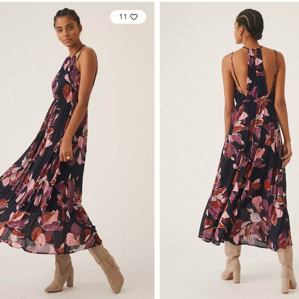 Anthropologie Tiered Halter Maxi Dress, XS, Navy Blue Floral